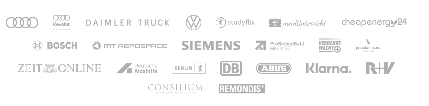 Auswahl von makandra-Kund*innen: u. a. Audi, Daimler Truck, Volkswagen, Bosch, MT Aerospace, Siemens, ProSiebenSat.1, Deutsche Bahn, Klarna, R+V, Zeit Online, REMONDIS